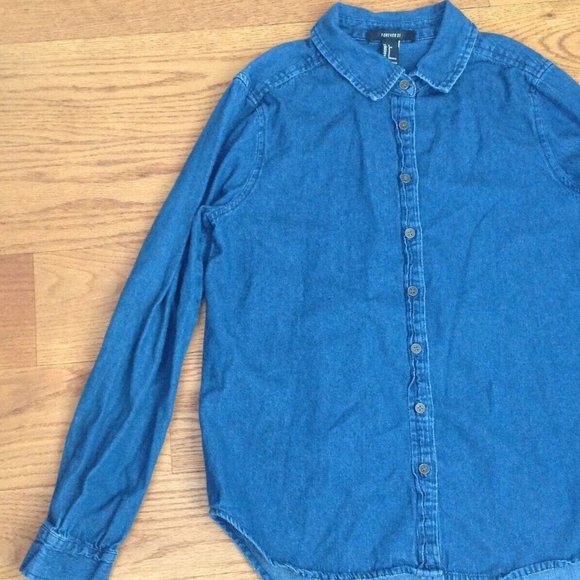 WOMENS S CHAMBRAY DENIM SHIRT LONG SLEEVE 100% COTTON BLUE 37"x 25.5" FOREVER 21 - Picture 4 of 14